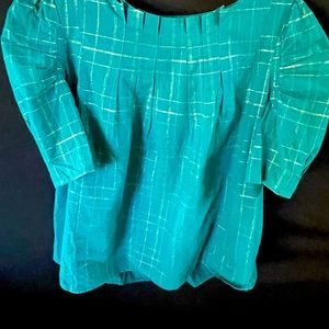 ❌SOLD❌Deep aqua blue blouse: small metallic gold vertical and horizontal lines.